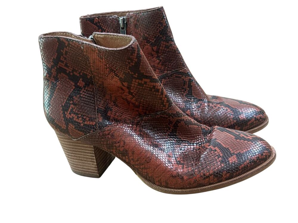 Madewell Snake Print Leather Ankle Booties Brown Block Heel Women’s 7.5 -